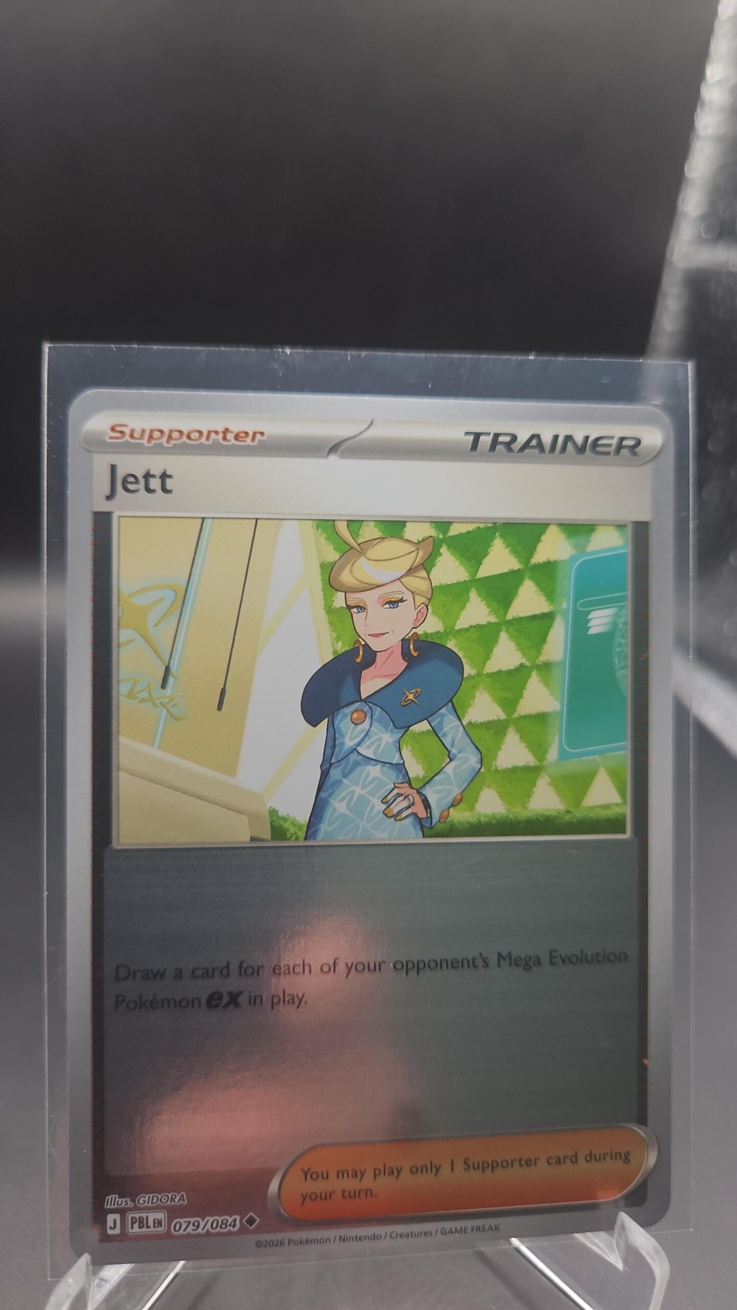 Jett 079/084 Reverse Holo Pokémon card from the Mega Evolution Era Pitch Black ME05 set in Near Mint condition.