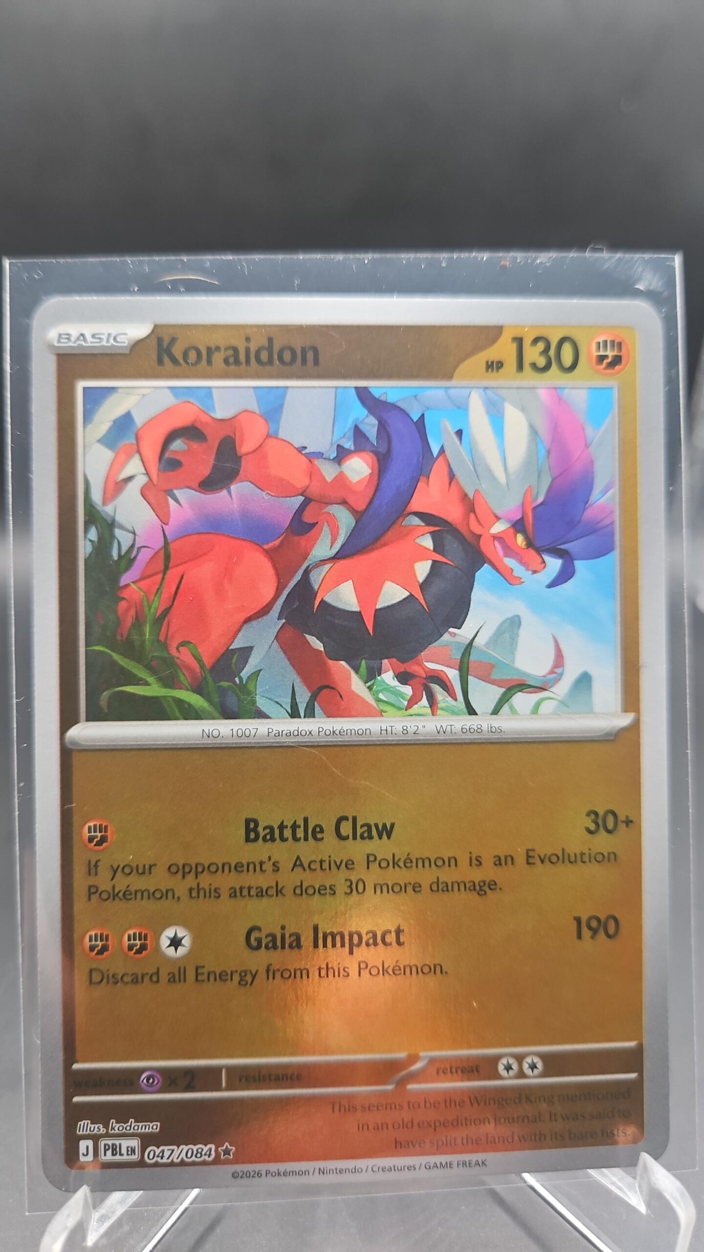 Koraidon 047/084 Reverse Holo Pokémon card from the Mega Evolution Era Pitch Black ME05 set in Near Mint condition.