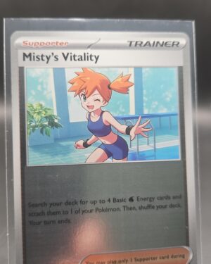 Misty’s Vitality 080/084 Reverse Holo Pokémon card from the Mega Evolution Era Pitch Black ME05 set in Near Mint condition.
