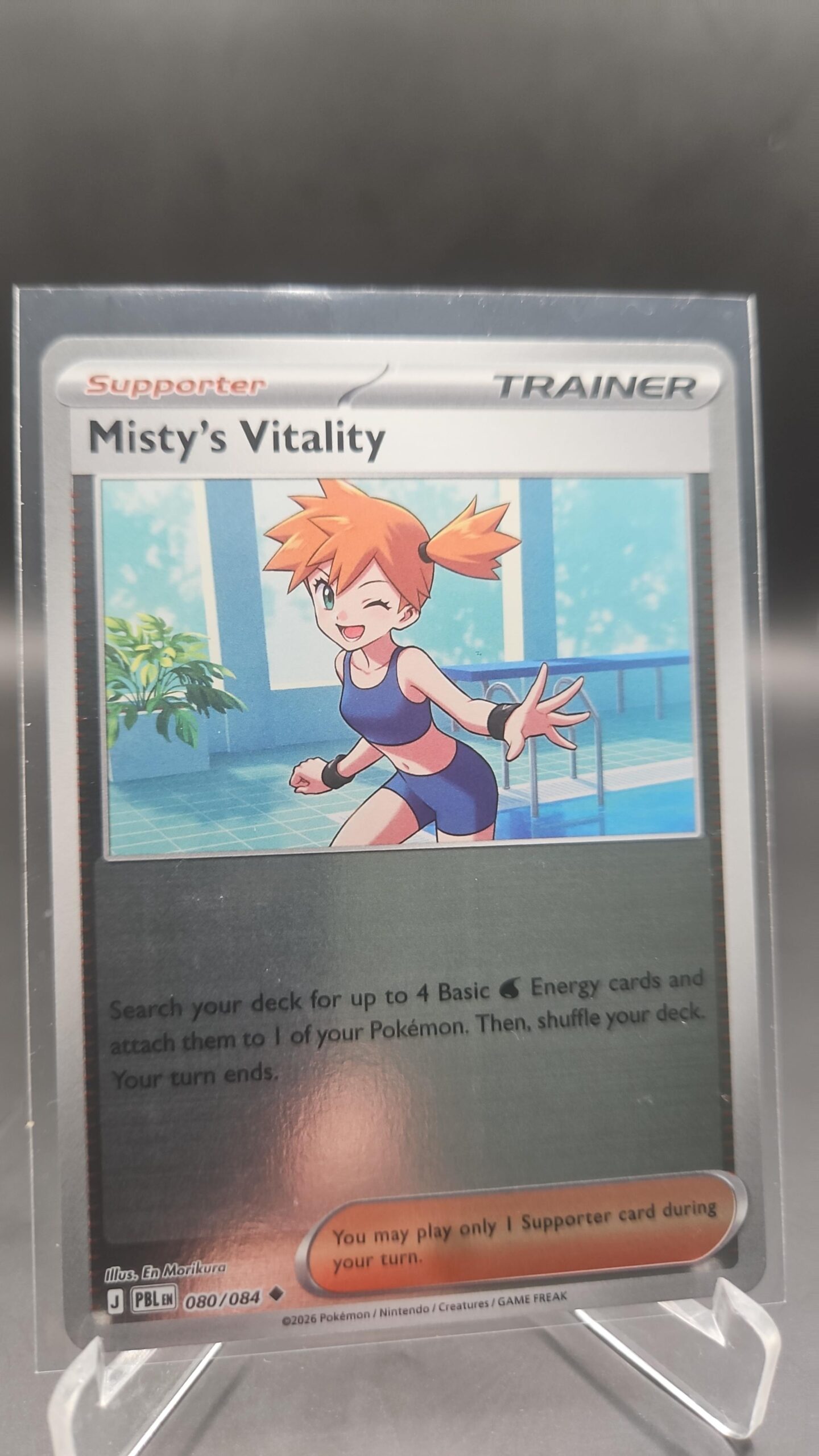 Misty’s Vitality 080/084 Reverse Holo Pokémon card from the Mega Evolution Era Pitch Black ME05 set in Near Mint condition.