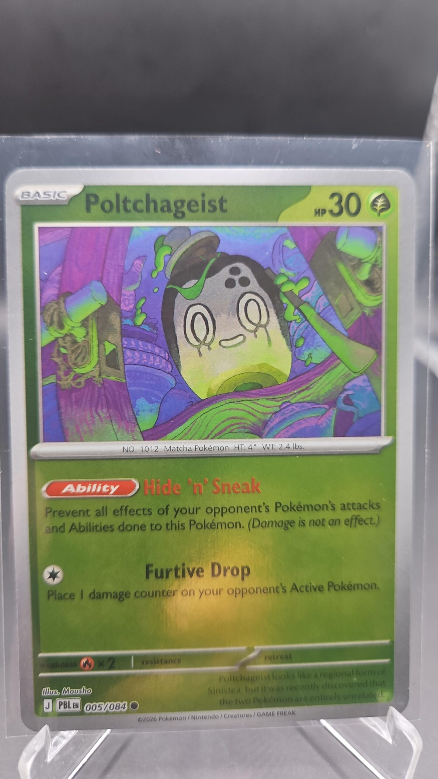 Poltchageist 005/084 Reverse Holo Pokémon card from the Mega Evolution Era Pitch Black ME05 set in Near Mint condition.