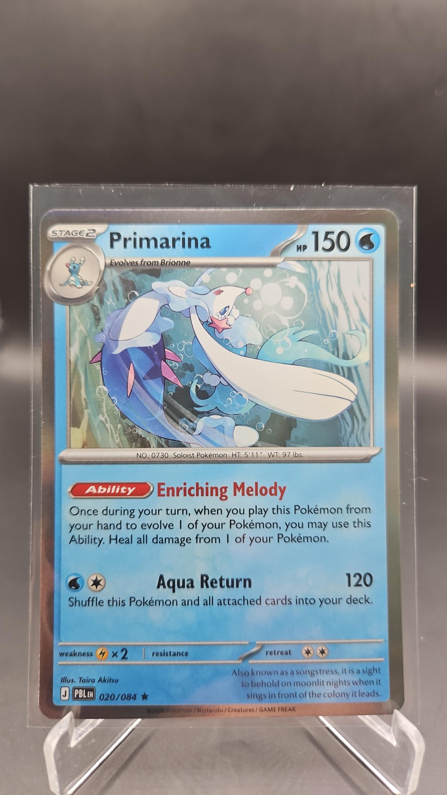 Primarina 020/084 Rare Holo Pokémon card from Pitch Black ME05 in Near Mint condition.