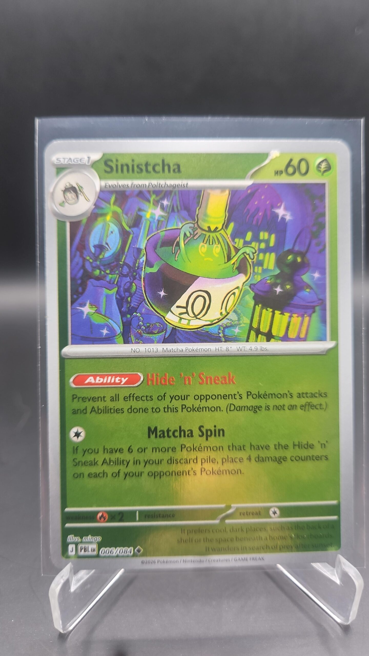 Sinistcha 006/084 Reverse Holo Pokémon card from Pitch Black ME05 in Near Mint condition.