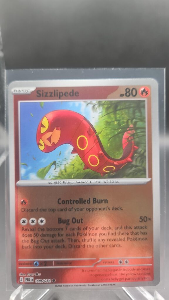 Sizzlipede 009/084 Reverse Holo Pokémon card from the Mega Evolution Era Pitch Black ME05 set in Near Mint condition.