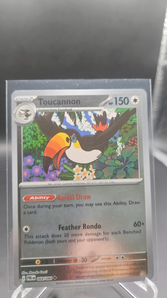 Toucannon 068/084 Reverse Holo Pokémon card from the Mega Evolution Era Pitch Black ME05 set in Near Mint condition.