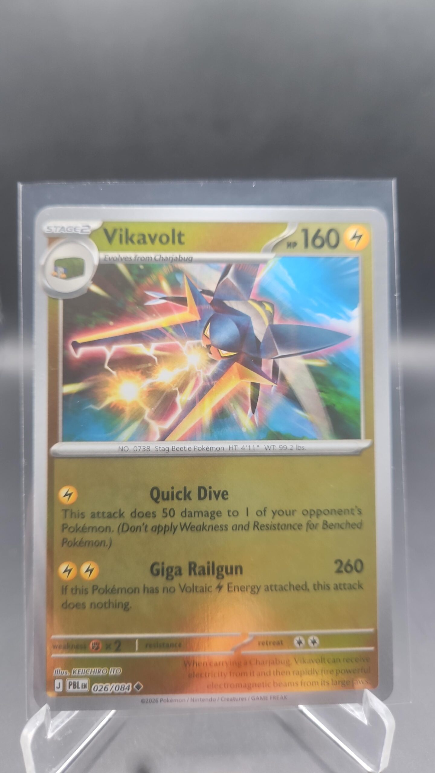 Vikavolt 026/084 Reverse Holo Pokémon card from the Mega Evolution Era Pitch Black ME05 set in Near Mint condition.