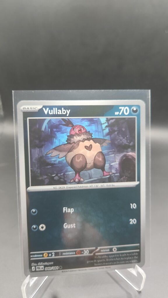 Vullaby 049/084 Reverse Holo Pokémon card from the Mega Evolution Era Pitch Black ME05 set in Near Mint condition.
