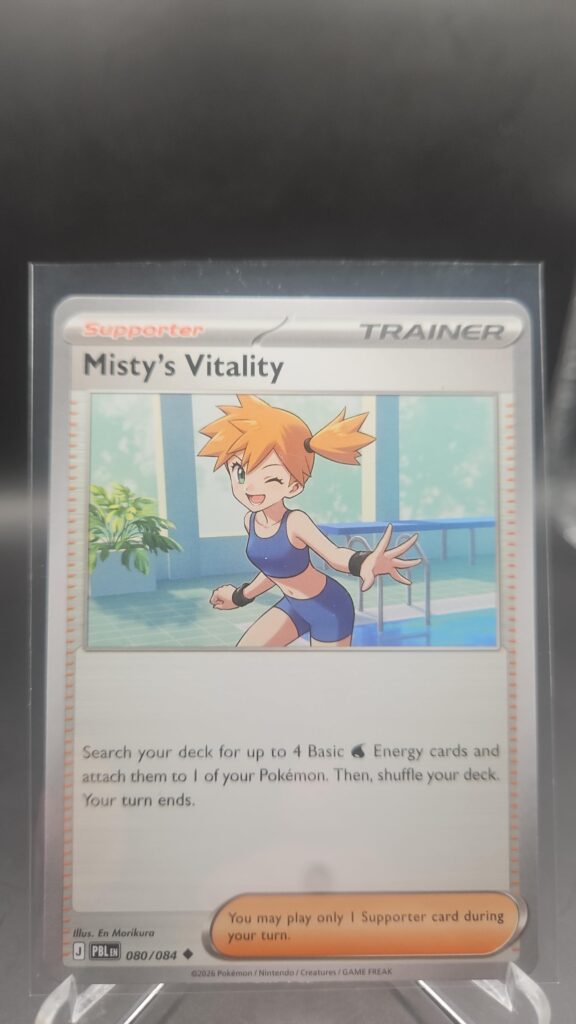 Misty’s Vitality 080/084 Base Trainer Pokémon card from the Mega Evolution Era Pitch Black ME05 set in Near Mint condition.