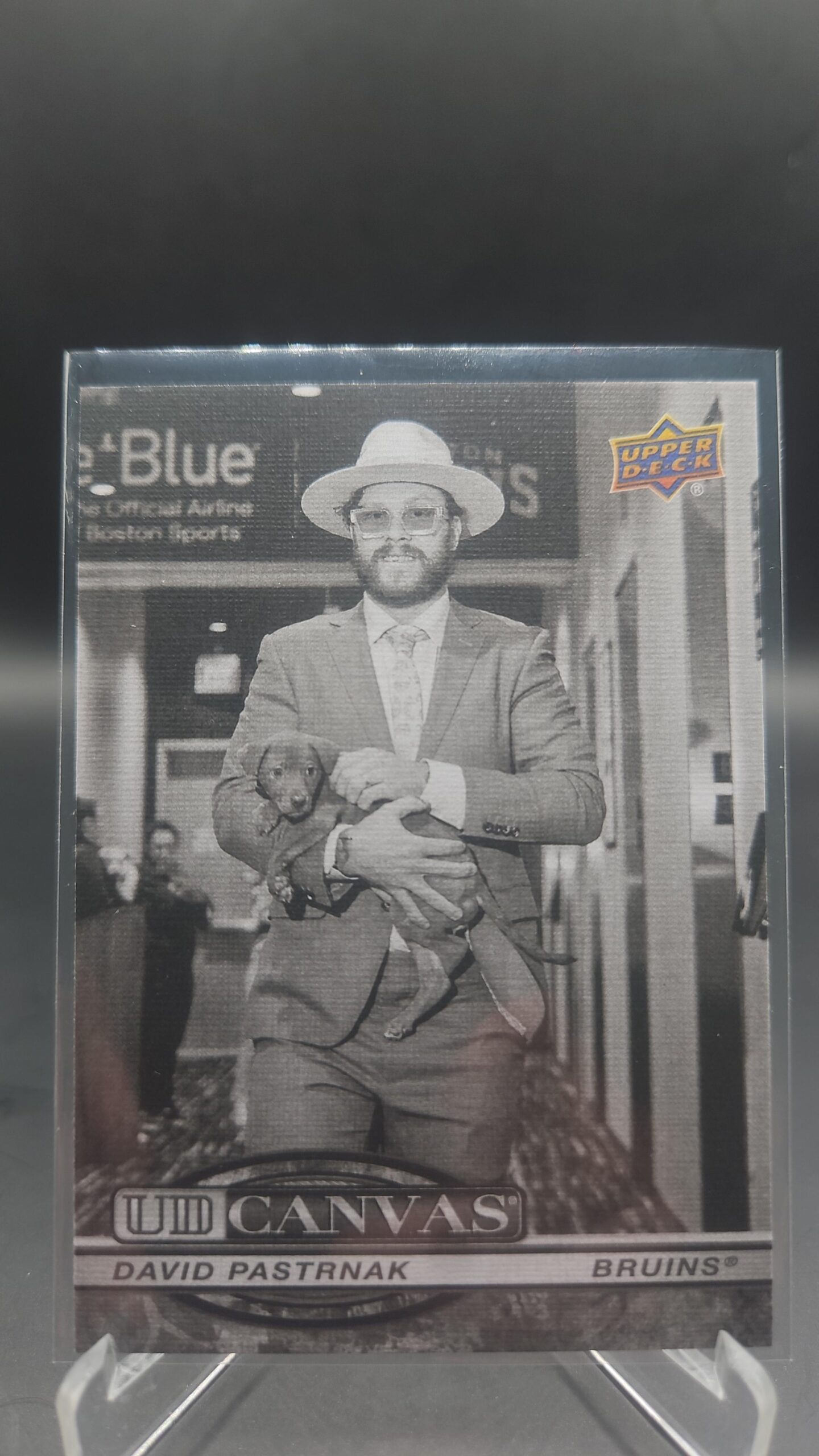David Pastrnak UD Canvas Black & White #C‑142 card from 2025‑26 Upper Deck Series 2 in Near Mint condition.