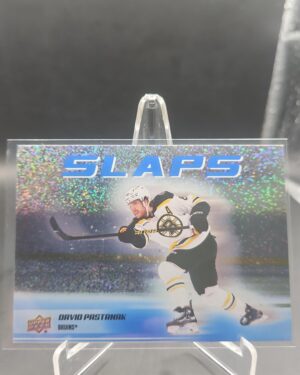 David Pastrnak Hockey Slaps Speckle #SL‑18 card from 2025‑26 Upper Deck Series 2 in Near Mint condition.