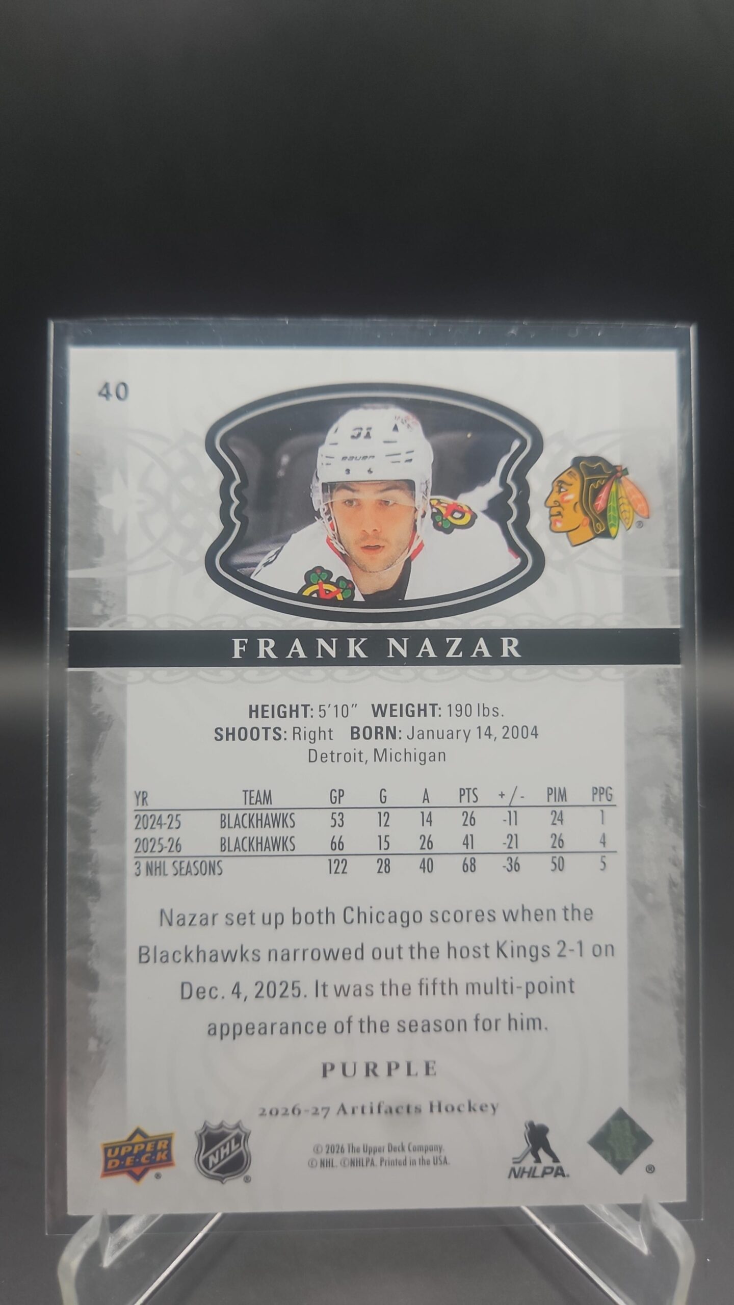 upper deck artifacts 2026/27 frank Nazar /25 Purple #40 - Image 2