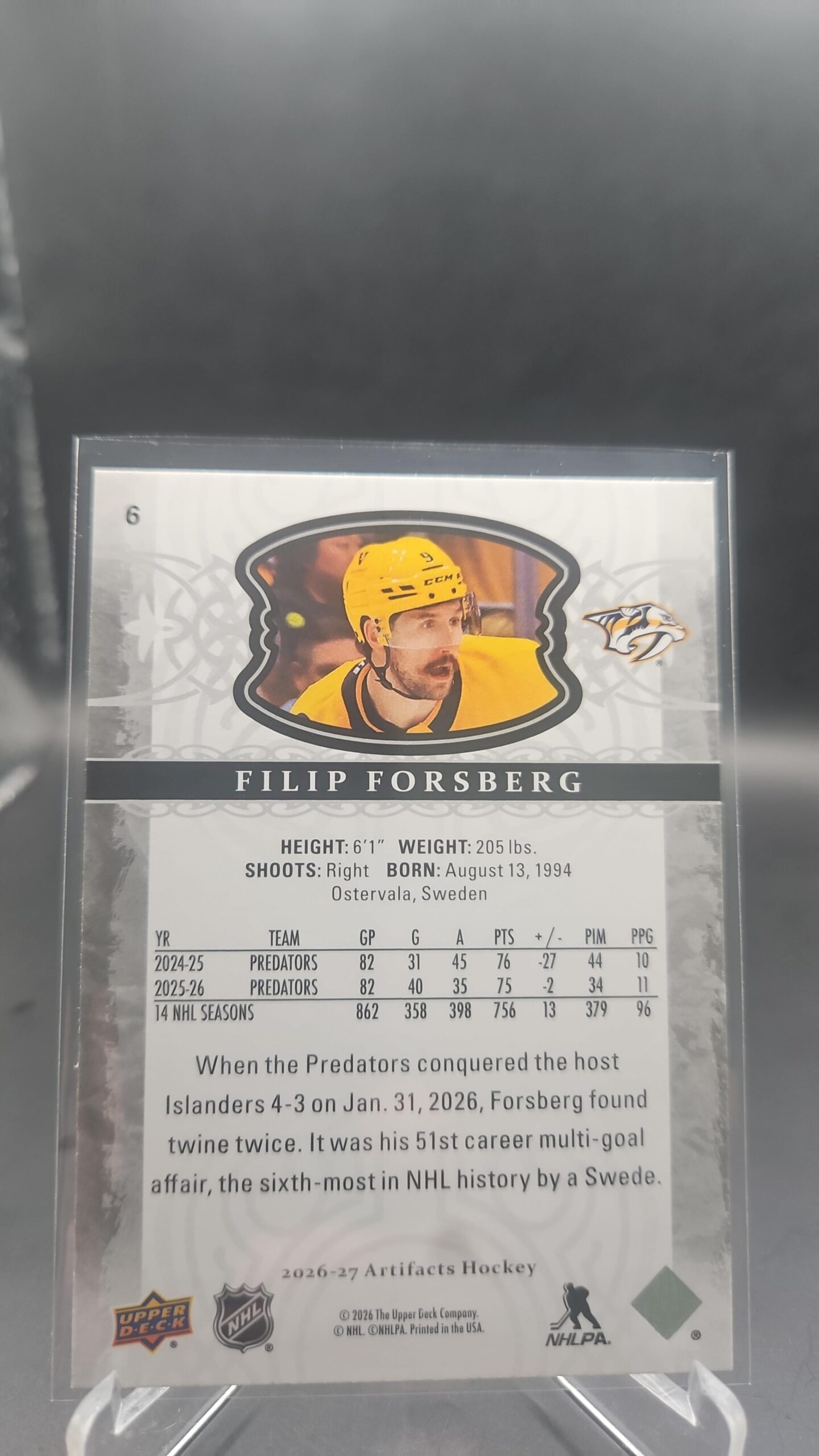 2026-27 Upper Deck Artifacts Base Filip Forsberg #6 - Image 2