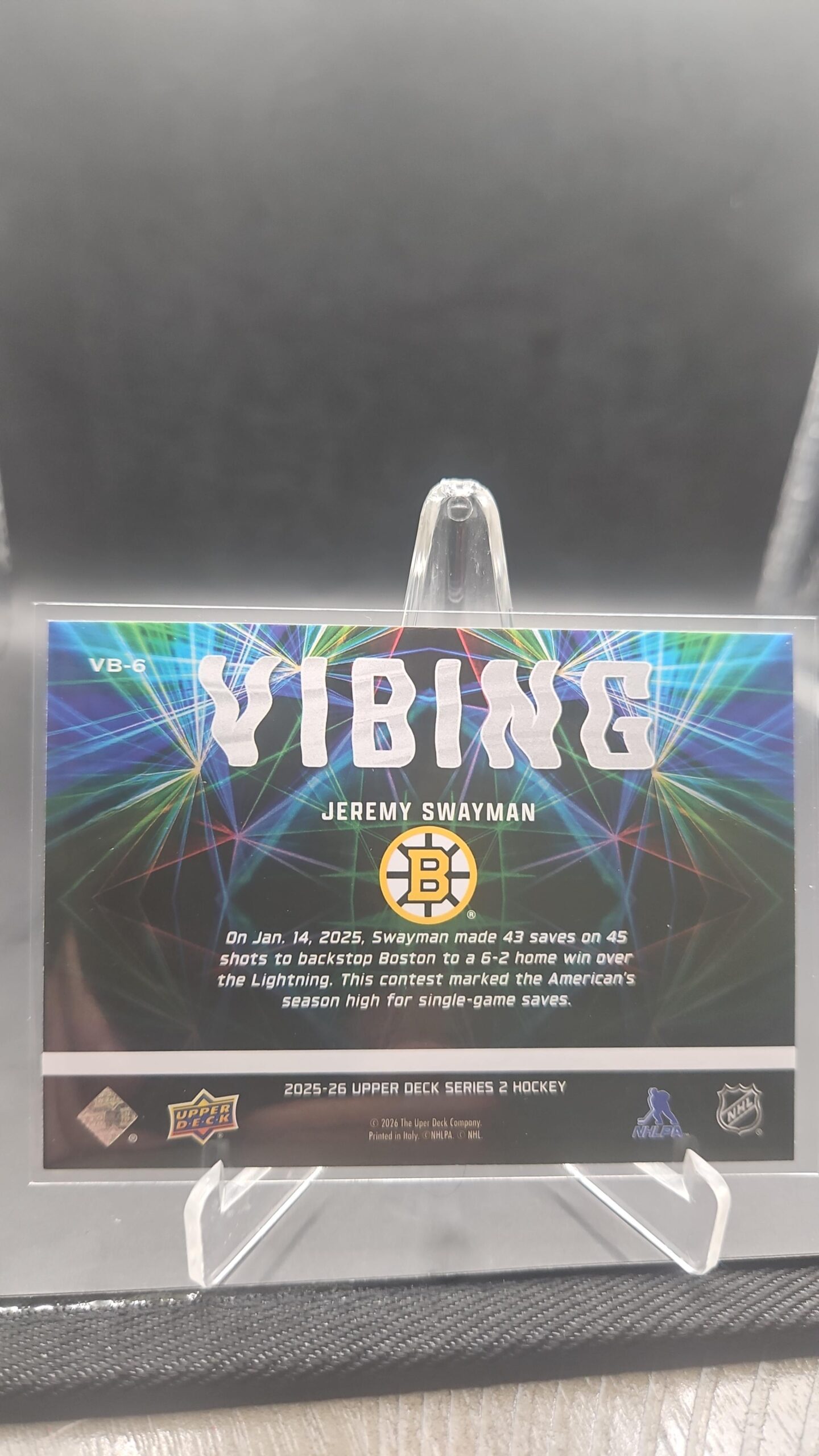 Upper Deck 2025-26 Series 2 Vibing Jeremy Swayman Bruins #VB-6 - Image 2