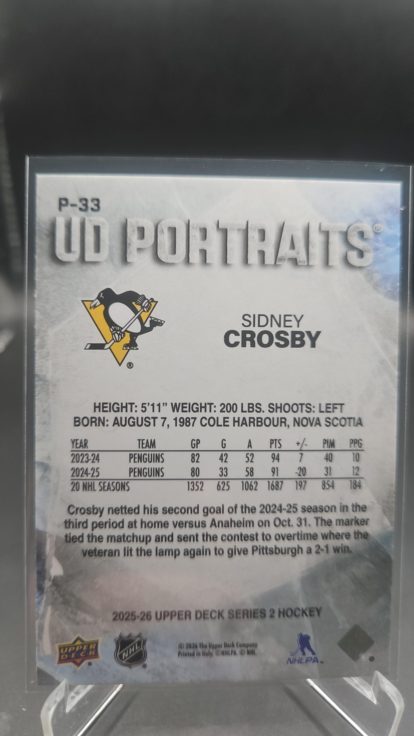 Sidney Crosby UD Portraits 2025-26 Upper Deck Series 2 #P-33 Pittsburgh Penguins - Image 2
