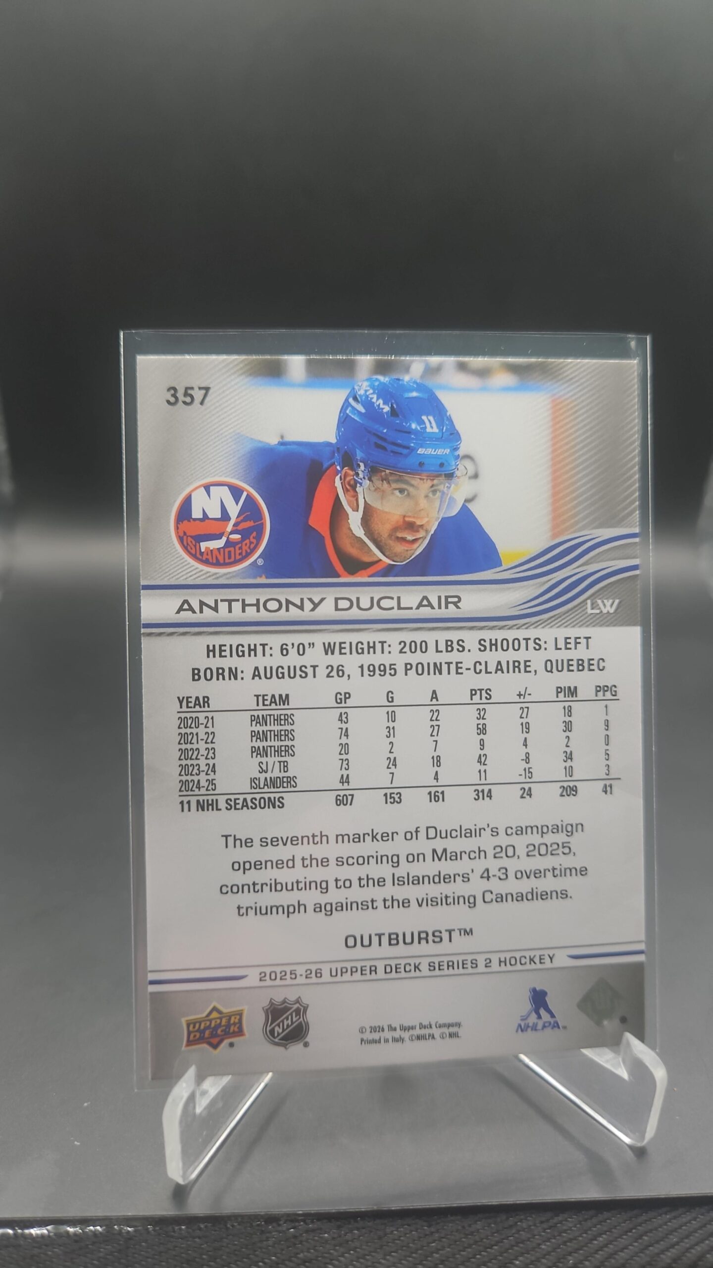 2025-26 Upper Deck Series 2 Anthony Duclair Silver Outburst #357 Islanders - Image 2