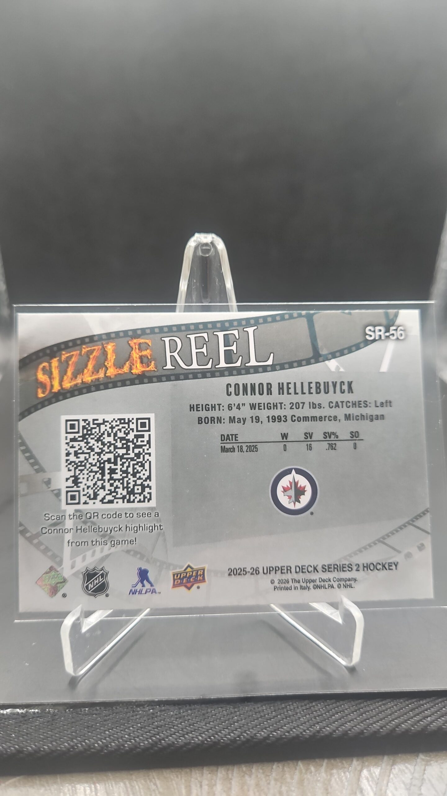 2025-26 Upper Deck Series 2 Sizzle Reel Connor Hellebuyck #SR-56 Winnipeg Jets - Image 2