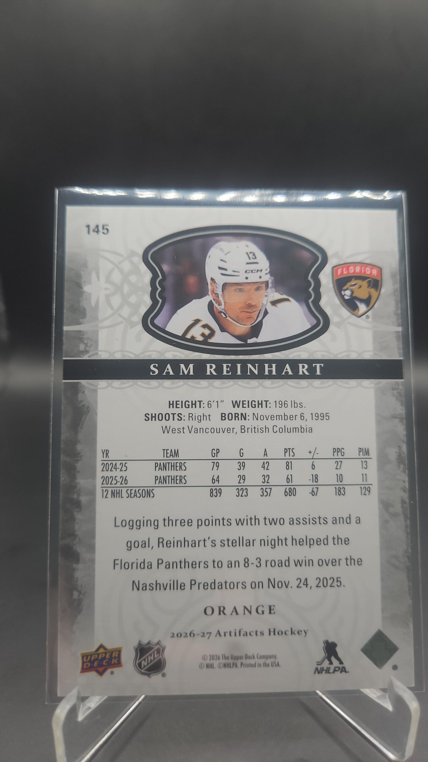 upper deck artifacts 2026/27 star /149 orange #145 Sam Reinhart - Image 2