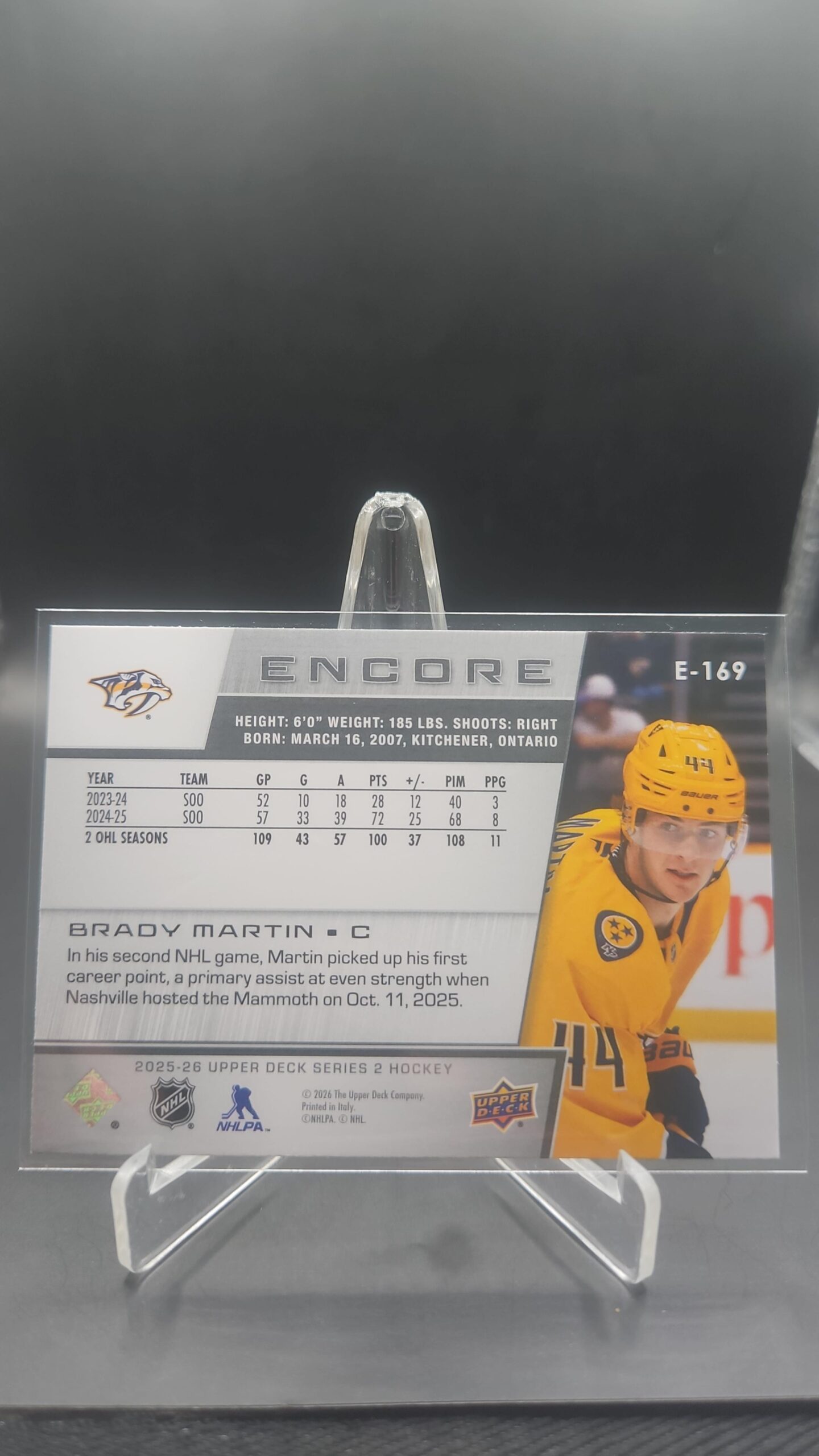 2025-26 UD Series 2 Brady Martin Encore #E-169 Nashville Predators - Image 2