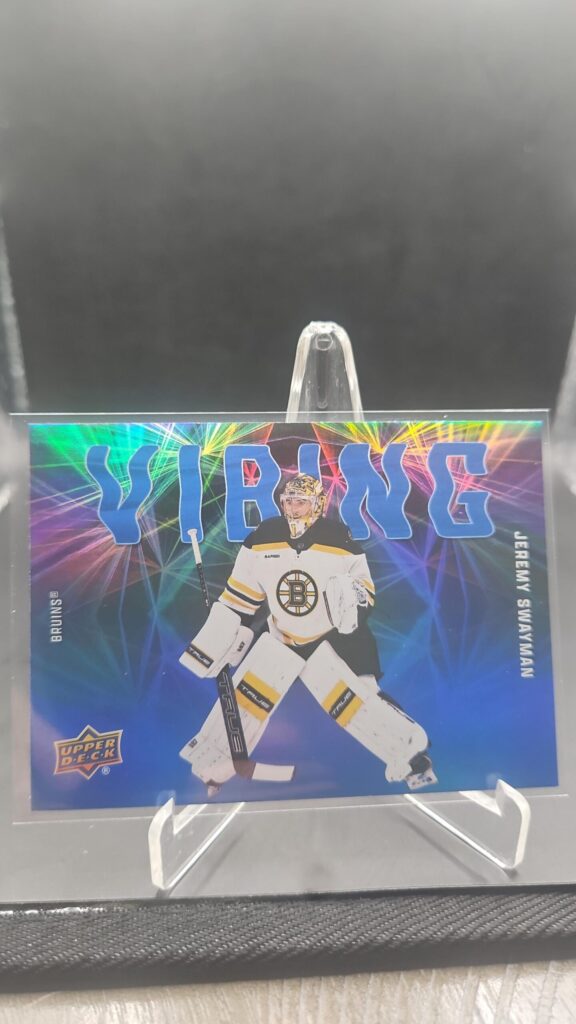 Jeremy Swayman Vibing #VB‑6 card from 2025‑26 Upper Deck Series 2 in Near Mint condition.