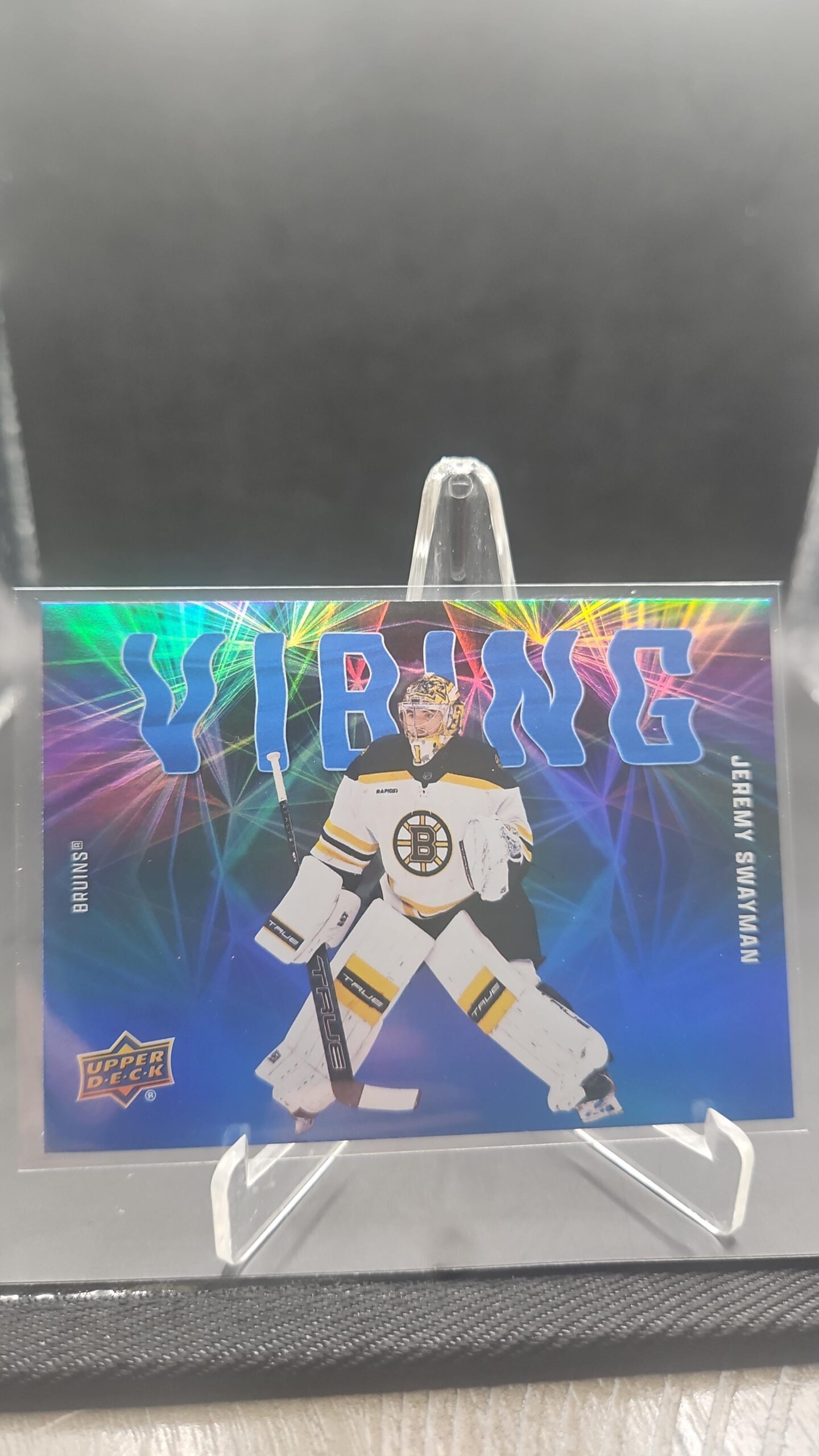 Jeremy Swayman Vibing #VB‑6 card from 2025‑26 Upper Deck Series 2 in Near Mint condition.