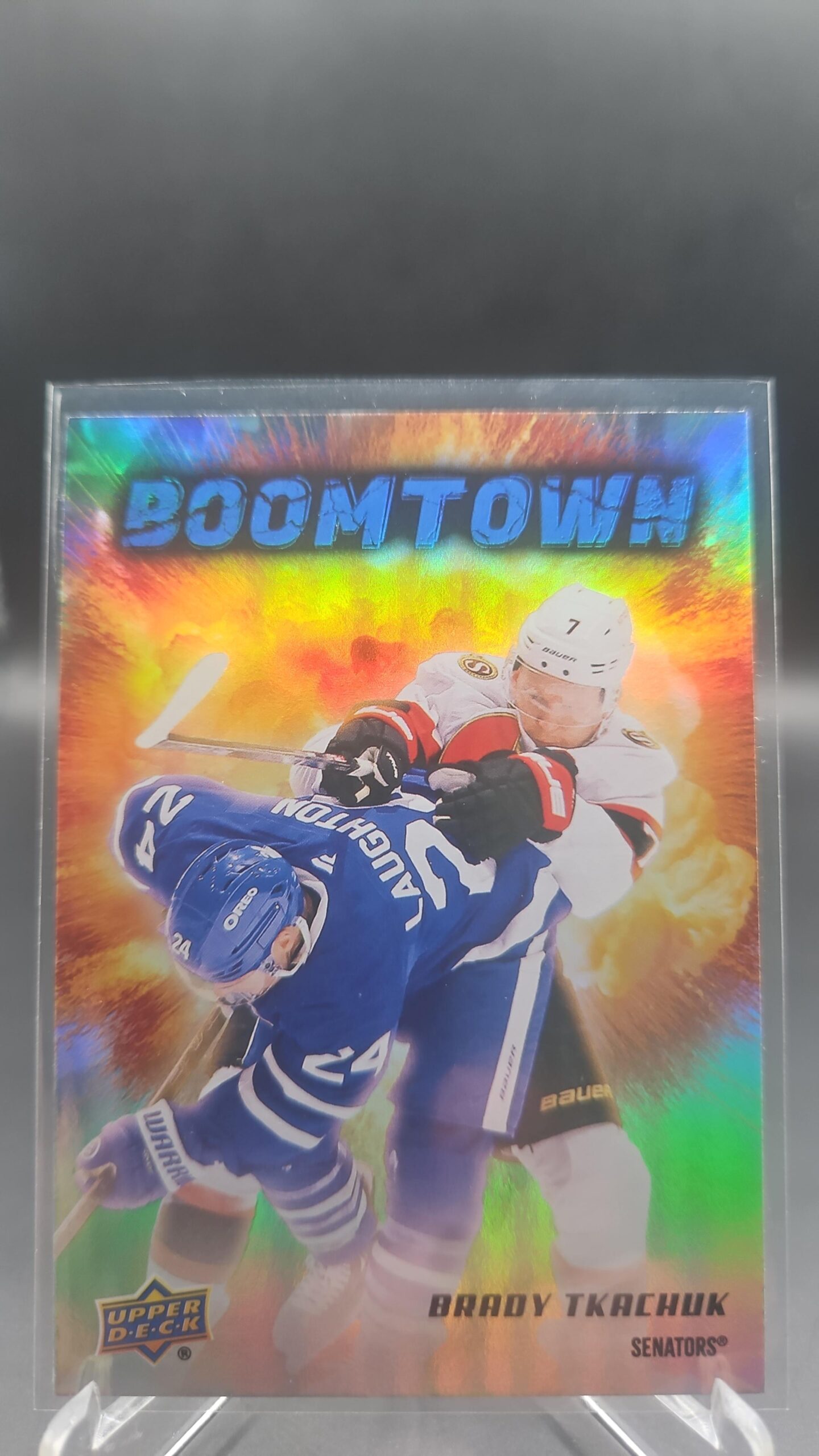 Brady Tkachuk Boomtown #BT‑10 card from 2025‑26 Upper Deck Series 2 in Near Mint condition.