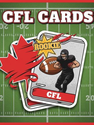 CFL cards category showing a green football field, stylized football, and a fan of generic trading cards with Canadian flair.